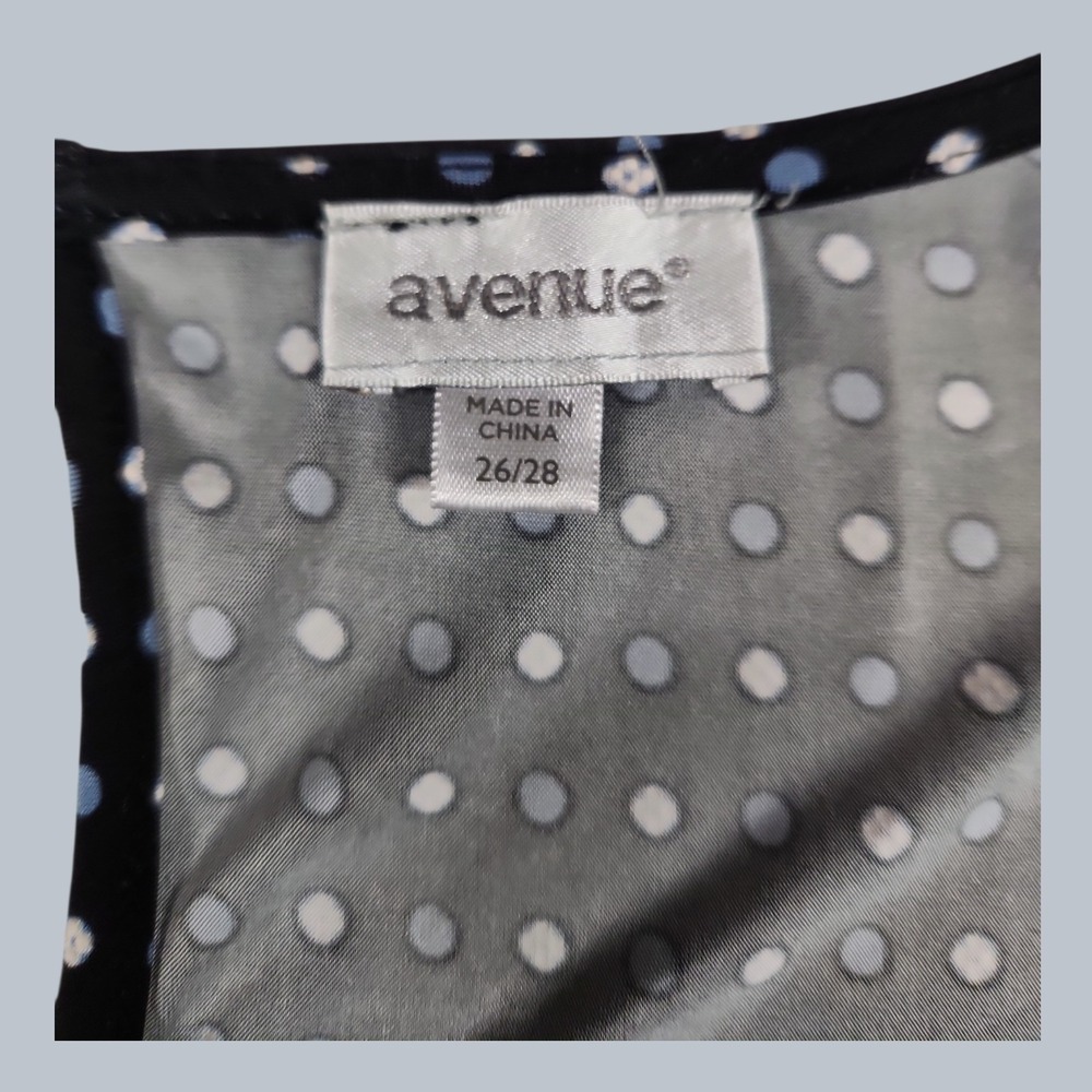 AVENUE Plus Size 26/28 4X Navy Blue Polka Dots Dress Floral Border Bell Sleeve - Picture 6 of 7